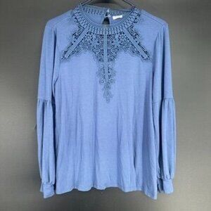Studio 1886 Blue Long Sleeve Crochet Balloon Sleeve Lace Women's Medium Top